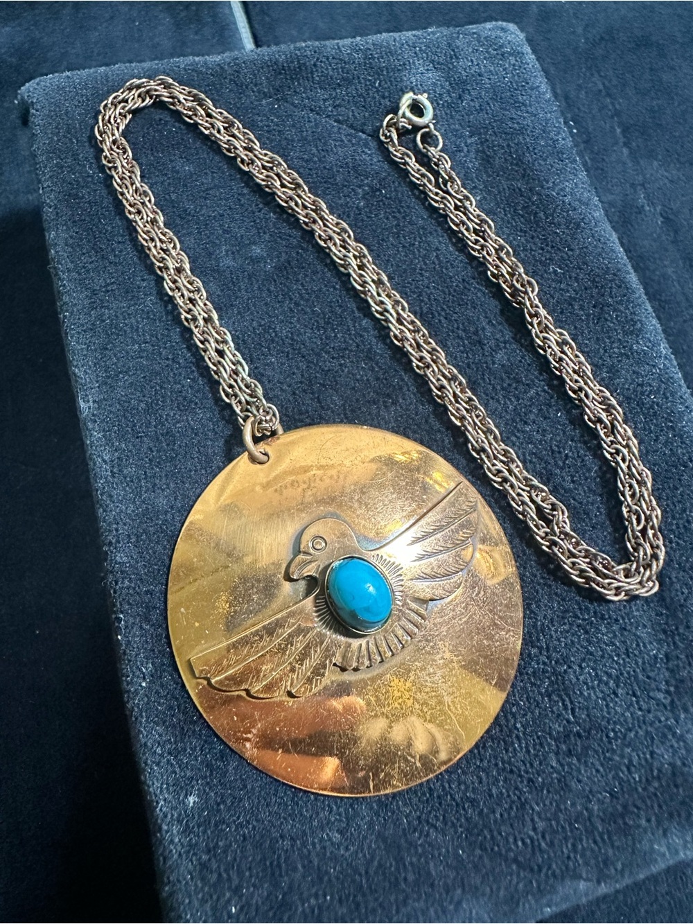 Vtg: Genuine Copper Turquoise Cabochon Eagle Pendant Necklace - Picture 6 of 10